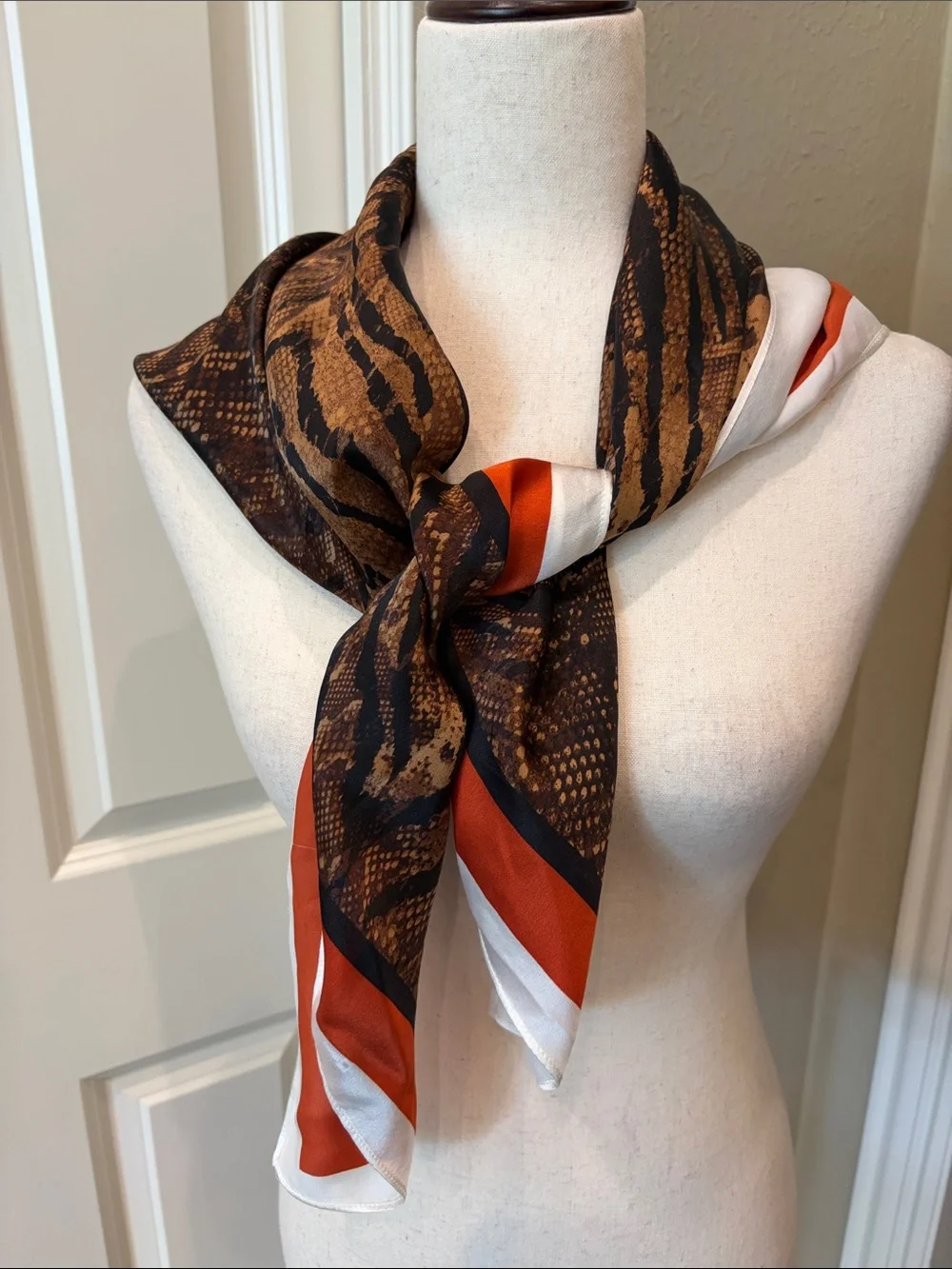 White House Black Market Tiger Print Silk Scarf Brown/Black/Rust